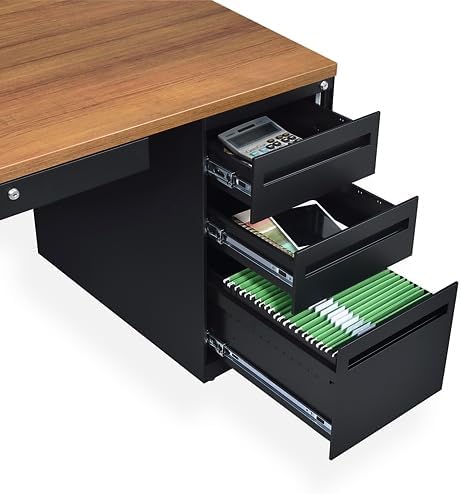 NBF Carbon L-Shaped Executive Office Desk with Hutch - Durable Laminate Computer Desk with 3 Drawers - Modern Desk with Storage and Cabinet - Work Desk with Left Return (72" W x 96" D, Gray, Maple)