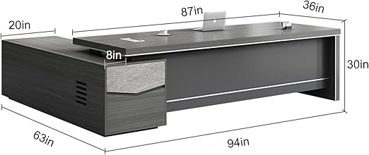 94IN Gray Executive Office Desk - Executive Desk with Drawer, Thick Worktop and Legs & Desktop Wire Box & Open Storage | Digital Password Lock & Quiet Slides
