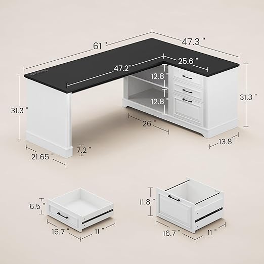 SEDETA Farmhouse 61" Executive L Shaped Desk, Home Office Desk with File Drawers, Computer Desk with Power Outlets and Storage Shelves for Home Office, White