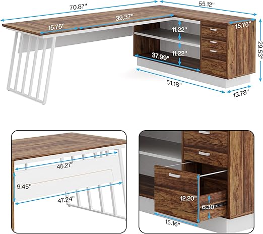 Tribesigns 71-Inch Executive Desk, L-Shaped Desk with Cabinet, Large Office Desk with Drawers and Storage Shelves, Writing Table Computer Desk for Home Office, Brown and White