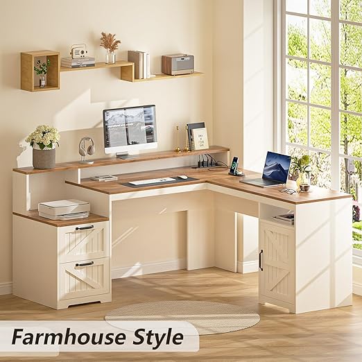 63" Farmhouse L Shaped Executive Desk with Drawers & Storage Shelf, Corner Computer Desk with Power Outlets, L Shaped Office Desk with Monitor Stand, Printer Shelf, Antique White