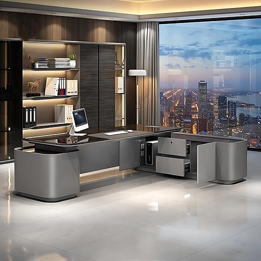 Executive Desk - Elegant l Shaped Desk with Storage, Office Desk with Drawers&Multi-Function Cable Box, Home Office Desks with Light Strip, No Installation Required (Silver+Brown, 94.5")