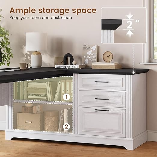 SEDETA Farmhouse 61" Executive L Shaped Desk, Home Office Desk with File Drawers, Computer Desk with Power Outlets and Storage Shelves for Home Office, White