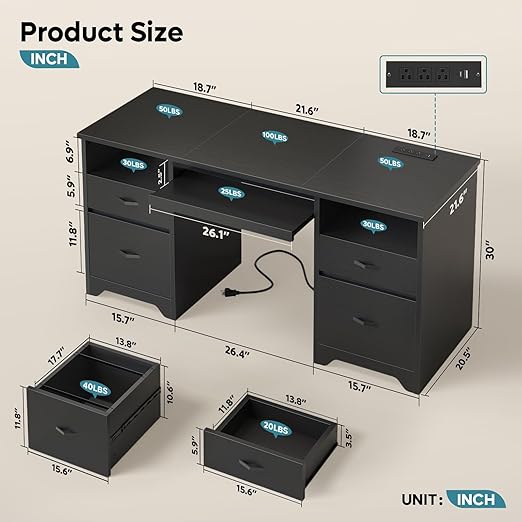 Bestier 59” Computer Desk with 4 Drawers, Office Desk with Storage, Modern Executive Desk with Charging Station, Keyboard Tray & Wooden Pedestals on Both Sides for Home Office & Studio, Black