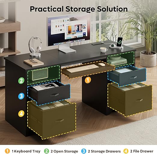 Bestier 59” Computer Desk with 4 Drawers, Office Desk with Storage, Modern Executive Desk with Charging Station, Keyboard Tray & Wooden Pedestals on Both Sides for Home Office & Studio, Black