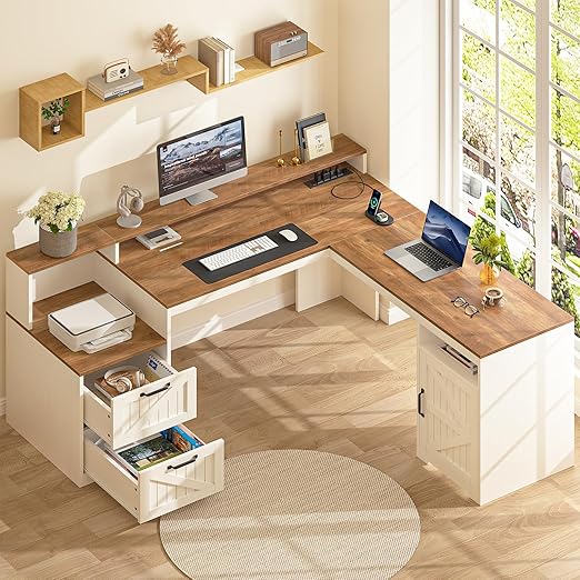 63" Farmhouse L Shaped Executive Desk with Drawers & Storage Shelf, Corner Computer Desk with Power Outlets, L Shaped Office Desk with Monitor Stand, Printer Shelf, Antique White