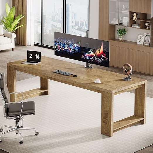 Tribesigns Two Person Desk, 86.6 Inches Extra Long Desk, Double Computer Writing Table, Wood Large Desks Workstation for Home Office, Natural Oak