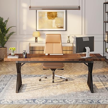 Tribesigns 70.8" Executive Desk - Large Computer Office Desk Workstation, Modern Business Writing Table with Sturdy Metal Legs for Home Office (Brown/Black)