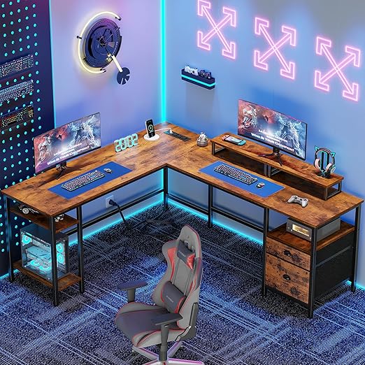 Furologee 66” L Shaped Desk with Power Outlet, Reversible Computer Gaming Desk with File Drawer & 2 Monitor Stands for Home Office with Storage Shelves, Rustic Brown
