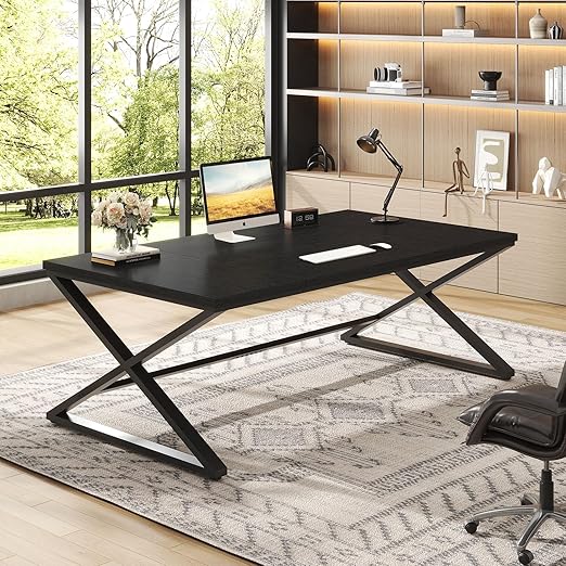 IBF Large Black Computer Desk, 70.8” Long Writing Desk for Home Office, Modern Simple Executive Work Study Desk for Two Person, Wood Double PC Gaming Workstation Computer Table for Bedroom, Black Oak