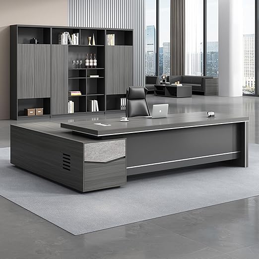 94IN Gray Executive Office Desk - Executive Desk with Drawer, Thick Worktop and Legs & Desktop Wire Box & Open Storage | Digital Password Lock & Quiet Slides