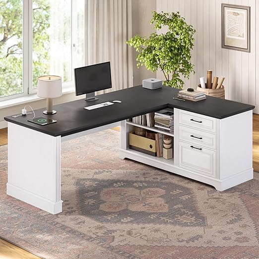SEDETA Farmhouse 61" Executive L Shaped Desk, Home Office Desk with File Drawers, Computer Desk with Power Outlets and Storage Shelves for Home Office, White