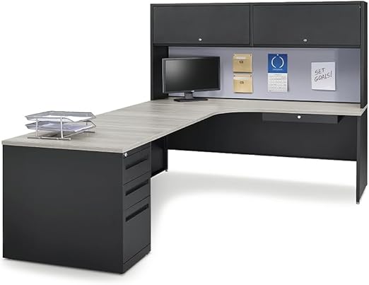 NBF Carbon L-Shaped Executive Office Desk with Hutch - Durable Laminate Computer Desk with 3 Drawers - Modern Desk with Storage and Cabinet - Work Desk with Left Return (72" W x 96" D, Gray, Maple)