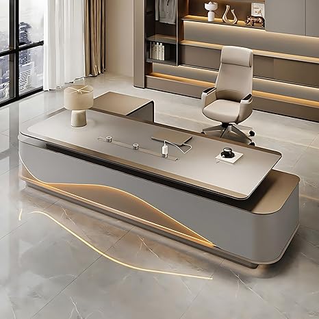 Executive Desk - l Shaped Desk with Light Strip, Solid Wood l Shaped Executive Desk, Home Office Desks with Multifunctional Cable Box, No Installation Required, Suitable for Office (126.0")