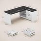 SEDETA Farmhouse 61" Executive L Shaped Desk, Home Office Desk with File Drawers, Computer Desk with Power Outlets and Storage Shelves for Home Office, White