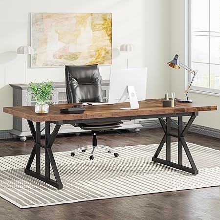 Tribesigns 70.8" Executive Desk - Large Computer Office Desk Workstation, Modern Business Writing Table with Sturdy Metal Legs for Home Office (Brown/Black)