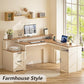 63" Farmhouse L Shaped Executive Desk with Drawers & Storage Shelf, Corner Computer Desk with Power Outlets, L Shaped Office Desk with Monitor Stand, Printer Shelf, Antique White