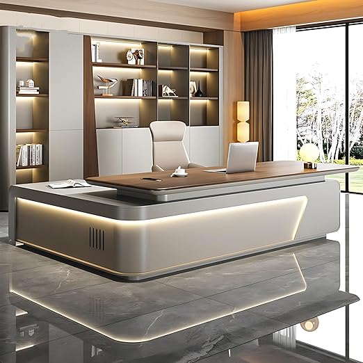 Executive Desk - Atmospheric l Shaped Executive Desk, Office Desk with Drawers, Solid Wood l Desk, Home Office Desks with LED Light Strips, No Installation Required (Brown, 118.1")