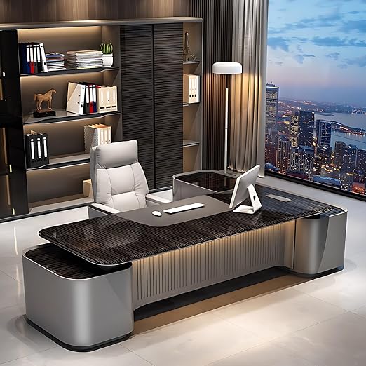 Executive Desk - Elegant l Shaped Desk with Storage, Office Desk with Drawers&Multi-Function Cable Box, Home Office Desks with Light Strip, No Installation Required (Silver+Brown, 94.5")