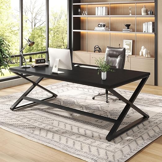 IBF Large Black Computer Desk, 70.8” Long Writing Desk for Home Office, Modern Simple Executive Work Study Desk for Two Person, Wood Double PC Gaming Workstation Computer Table for Bedroom, Black Oak