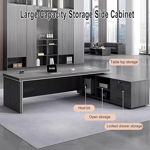 94IN Gray Executive Office Desk - Executive Desk with Drawer, Thick Worktop and Legs & Desktop Wire Box & Open Storage | Digital Password Lock & Quiet Slides