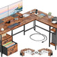 Furologee 66” L Shaped Desk with Power Outlet, Reversible Computer Gaming Desk with File Drawer & 2 Monitor Stands for Home Office with Storage Shelves, Rustic Brown