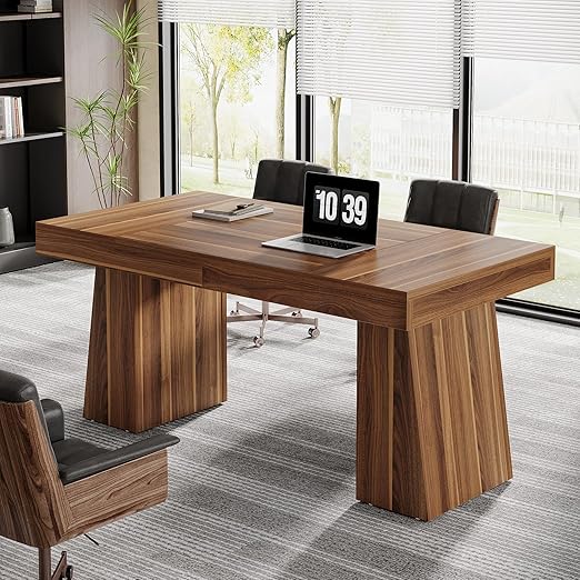 Tribesigns 55 Inches Executive Desk, Mid-Century Modern Home Office Desk with Double Trapezoid Base, Wood Computer Desk Business Workstation Desk Small Conference Table, Brown